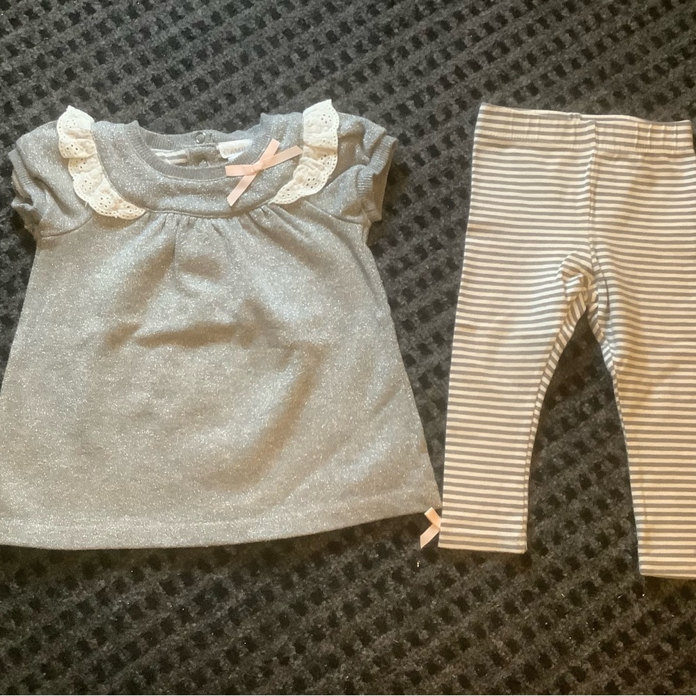 Camilla silver gray white stripes pink bow top leggings set 3-6 months